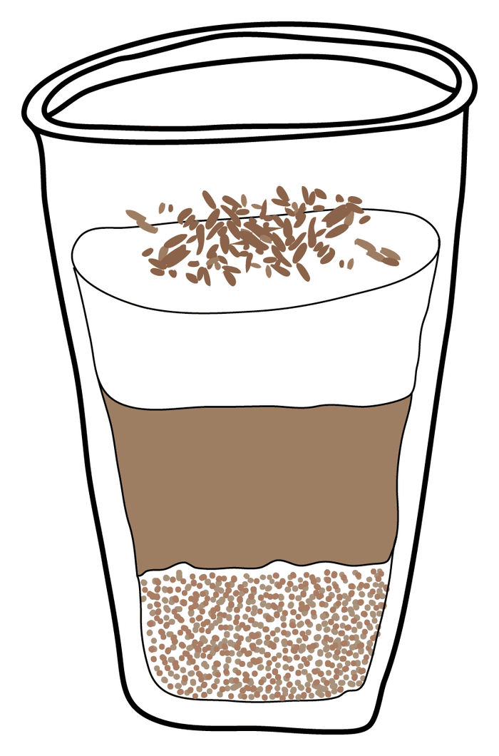 Ilustração de um copinho de pavê com farofinha, chocolate, sorvete e granulado