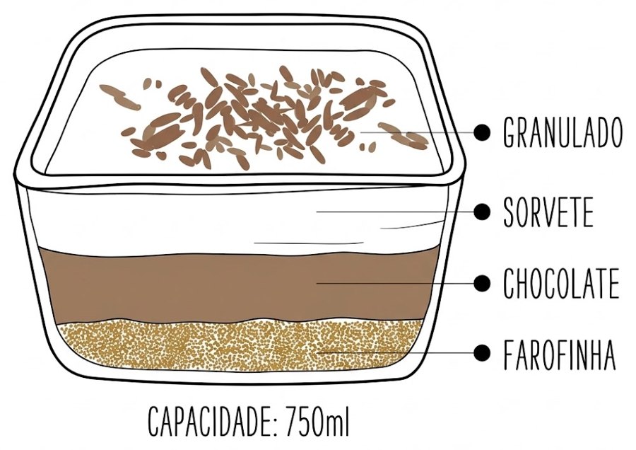 Pavê grande na travessa de 750 ml, com as camadas de granulado, sorvete, chocolate e farofinha